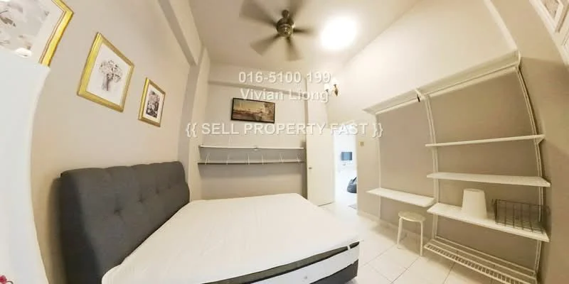 Bedroom features: queen-size bed, grey upholstered headboard, white walls, ceiling fan, built-in shelving unit, white tile flooring, decorative framed artwork, hanging wall hooks; style: modern.