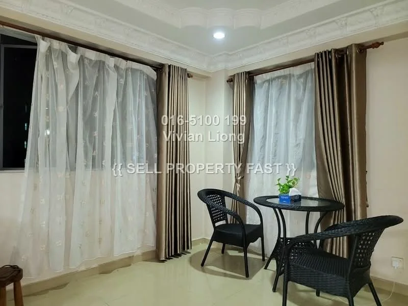 Room features: white painted walls, cream tiled flooring, tray ceiling with crown moulding, floor-to-ceiling windows, sheer curtains, brown striped curtains, round glass-top dining table, 2 black wicker chairs, decorative plant on table; style: modern.