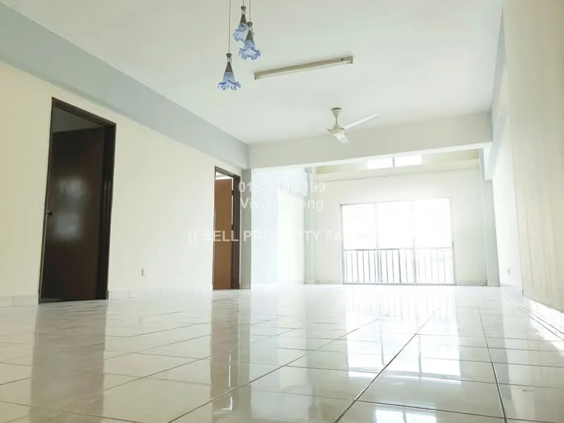 Living features: white painted walls, glossy white tile flooring, 5-blade ceiling fan with light, large windows with natural light, sliding glass door, recessed ceiling lights, open layout, neutral color scheme; style: modern; view: city.