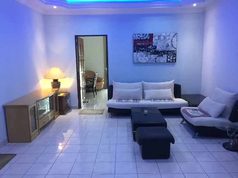 Living features: white painted walls, glossy tile flooring, sofa with white cushions, black coffee table, wooden TV cabinet, decorative artwork on wall, table lamp, recessed ceiling lights with blue LED, open doorway leading to another room; style: modern.