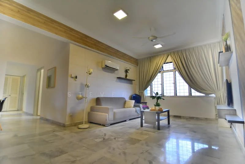 Living features: marble flooring, white painted walls, wood panel accent wall, 5-blade ceiling fan with light, floor-to-ceiling windows, sheer curtains, wall-mounted TV, TV console, sofa in light grey, coffee table, decorative plant, shelves with decorative items, recessed downlights; style: modern.