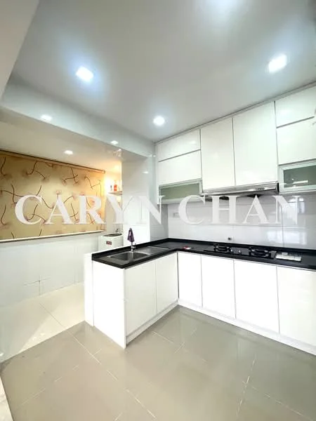 Kitchen features: white shaker cabinets, black granite countertop, single-bowl stainless-steel sink, chrome pull-down faucet, built-in gas hob, built-in oven, white tiled backsplash, ceramic tile flooring, recessed LED downlights, wall-mounted cabinetry, open shelving, decorative wall art, neutral wall colour; style: modern.