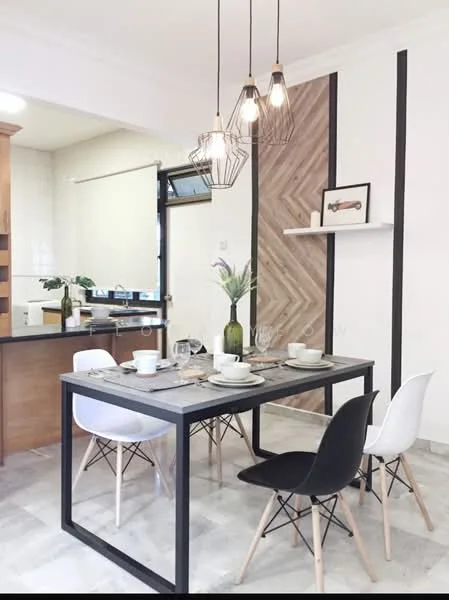 Dining features: black and white dining chairs, rectangular dining table with black metal frame, table setting with plates and cutlery, pendant lights with geometric design, wooden accent wall with herringbone pattern, white walls, grey marble tile flooring, large window with natural light; style: modern. Kitchen features: wood cabinetry, stainless-steel appliances, open layout to dining area; style: modern.