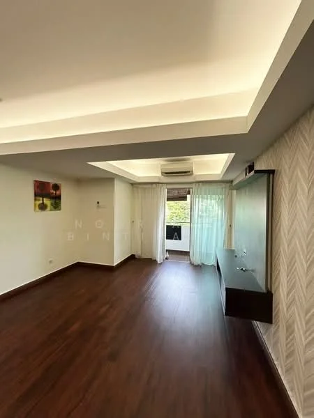 Living features: wooden flooring, white painted walls, tray ceiling with recessed lighting, floor-to-ceiling windows, sheer curtains, wall-mounted TV console, air conditioning unit, decorative wall paneling; style: modern; view: garden.