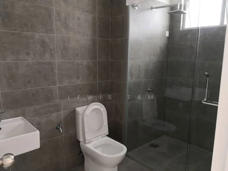 Bathroom features: grey tiled walls, grey tiled flooring, walk-in shower with glass enclosure, rain shower head, handheld shower, toilet, single-bowl sink, chrome faucet, wall-mounted mirror, grab bar, shower shelf; style: modern.