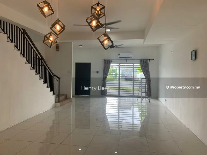 Living features: white painted walls, polished ceramic tile flooring, 5-blade ceiling fan with light, recessed downlights, large sliding glass door, curtains, open layout, staircase with metal railing; style: modern; view: garden.