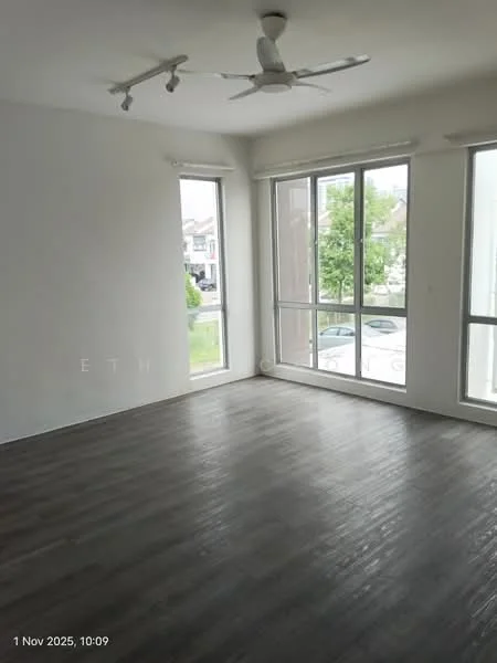 Room features: grey laminate flooring, white painted walls, floor-to-ceiling windows, ceiling fan, natural light from windows, view of greenery outside, roller blinds on windows; style: modern; view: garden.