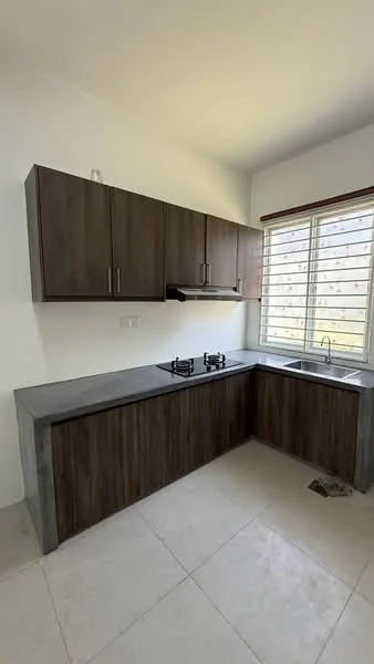 Kitchen features: dark wood cabinetry, concrete countertop, stainless-steel sink, chrome faucet, gas hob with two burners, tile flooring, window with horizontal slats, light-colored walls; style: modern.