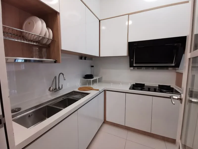 Kitchen features: white glossy cabinetry, double-bowl stainless-steel sink, chrome pull-down faucet, granite countertop, built-in oven, 4-burner gas hob, white tiled backsplash, open shelving for dishes, recessed downlights, ceramic tile flooring; style: modern.