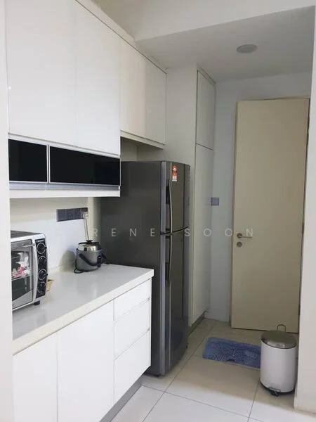 Kitchen features: white cabinetry, stainless-steel fridge, built-in microwave, ceramic tile flooring, white countertop, kitchen sink, chrome faucet, wall-mounted cabinets, under-cabinet lighting, small kitchen appliance, trash bin, blue mat on floor; style: modern.