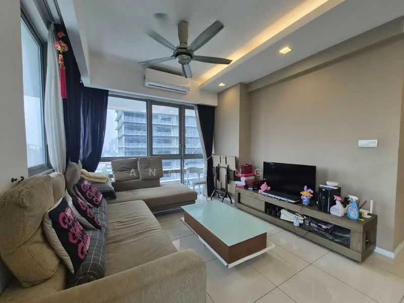 Living features: 3-seater fabric sofa in beige, 2-seater fabric sofa in grey, coffee table with glass top, wall-mounted TV, TV console in wood, ceiling fan with light, large windows with sheer curtains, tile flooring, decorative wall with neutral paint, decorative items on TV console; style: modern; view: city.