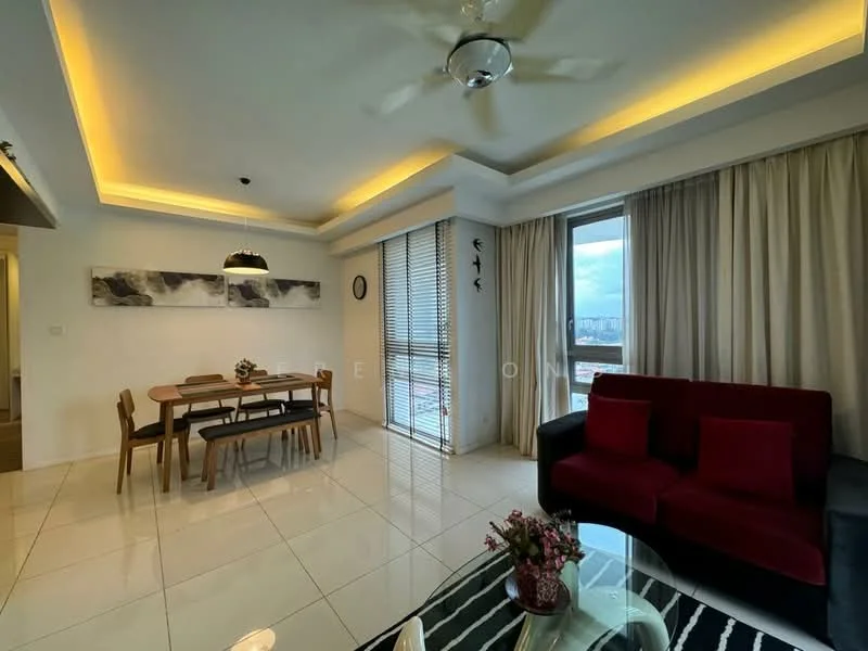Living features: white painted walls, glossy tile flooring, tray ceiling with recessed lighting, 5-blade ceiling fan with light, floor-to-ceiling windows, sheer curtains, red fabric sofa with cushions, glass coffee table, decorative vase with flowers, area rug with geometric pattern, dining table with 4 wooden chairs, wall-mounted artwork; style: modern; view: city.