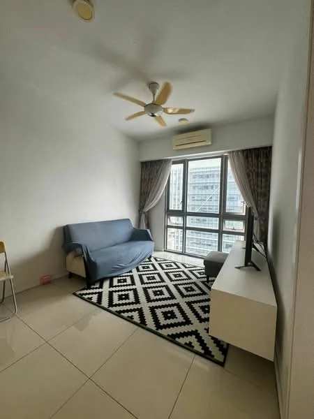 Living features: 3-seater fabric sofa in blue, black and white geometric area rug, wall-mounted TV, white TV console, floor-to-ceiling windows, curtains, ceiling fan with light, cream painted walls, glossy tile flooring, air conditioning unit; style: modern; view: city.