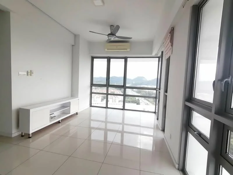 Living features: white painted walls, glossy ceramic tile flooring, 5-blade ceiling fan with light, floor-to-ceiling windows, sliding glass door, TV console, air conditioning unit, mountain view; style: modern; view: mountain.