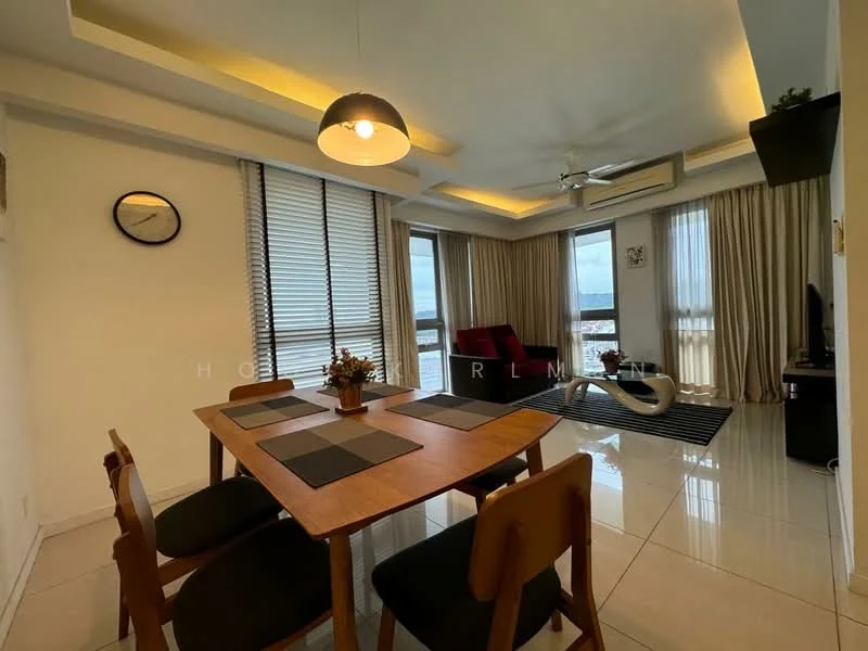 Dining features: wooden dining table, 4 dining chairs, white walls, recessed ceiling with lighting, large windows with sheer curtains, tile flooring, clock on wall, ceiling light fixture; style: modern; view: city. Living features: red armchair, black sofa, TV console, wall-mounted TV, area rug, floor-to-ceiling windows, curtains, ceiling fan; style: modern; view: city.