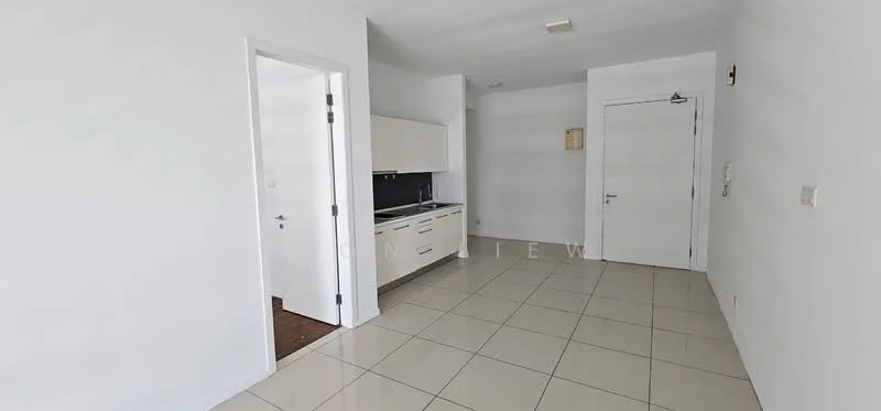 Room features: white painted walls, glossy ceramic tile flooring, kitchen cabinetry in white, black countertop, built-in kitchen appliances, single door entry, double door entry, light fixture on ceiling; style: modern.