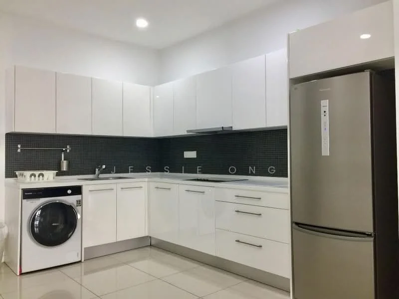 Kitchen features: white shaker cabinets, stainless-steel refrigerator, built-in oven, single-bowl stainless-steel sink, chrome pull-down faucet, ceramic tile flooring, grey mosaic tile backsplash, washing machine, recessed downlights, countertop with integrated cooktop, open shelving, wall-mounted range hood; style: modern.