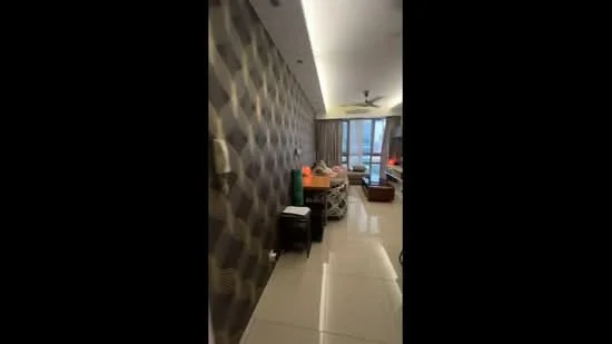 Room features: textured wallpaper with geometric pattern, white painted walls, glossy tile flooring, recessed LED downlights, 5-blade ceiling fan, large window with sheer curtains, wooden furniture, decorative lamps, dining table, seating area; style: modern; view: city.