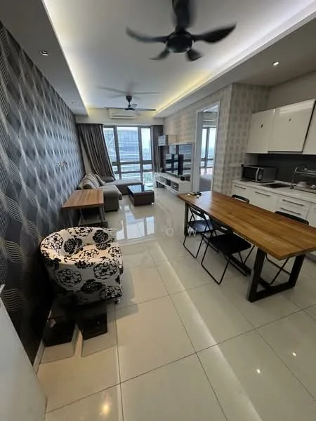 Living features: white painted walls, grey accent wall with geometric pattern, marble tile flooring, 5-blade ceiling fan, floor-to-ceiling windows, sliding glass door, dining table with wooden top, black metal legs, 2 upholstered dining chairs, sofa chair with floral pattern, TV console, wall-mounted TV, open shelving, recessed downlights; style: modern; view: city. Kitchen features: white cabinetry, stainless-steel sink, chrome pull-down faucet, built-in microwave, freestanding range oven, refrigerator, countertop with white surface, tile backsplash; style: modern.