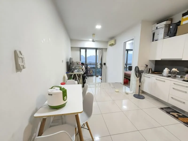 Kitchen features: white cabinets, stainless-steel sink, chrome pull-down faucet, white tiled backsplash, built-in oven, freestanding range oven, microwave, refrigerator, ceramic tile flooring, recessed downlights, open shelving, kitchen island, dining table with white chairs; style: modern; view: city. Living features: floor-to-ceiling windows, air conditioning unit, desk with chair, computer setup, fan, ceramic tile flooring; style: modern; view: mountain.