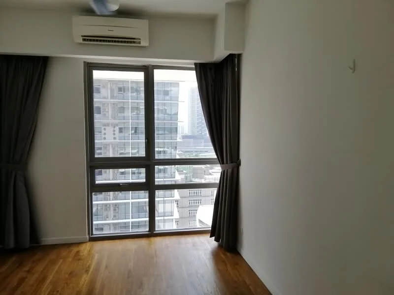 Room features: floor-to-ceiling windows, grey curtains, wooden flooring, wall-mounted split AC, white painted walls; style: modern; view: city.