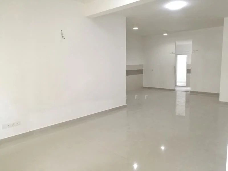Room features: white painted walls, polished ceramic tile flooring, recessed downlights, open layout, large windows, neutral color scheme, minimalist design, high ceiling; style: modern.