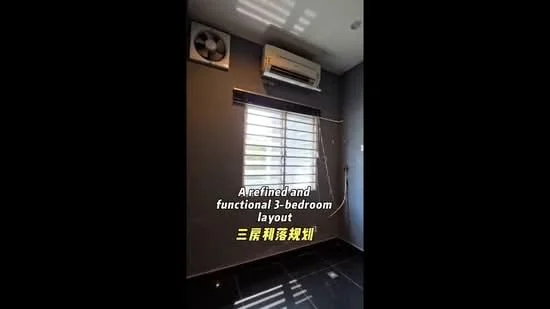 Room features: grey painted walls, black tile flooring, 1 wall-mounted split AC, floor-to-ceiling windows, horizontal blinds.