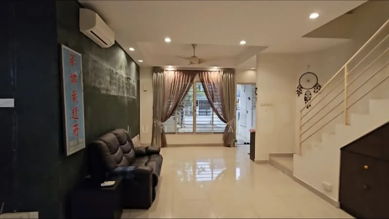 Living features: black leather 3-seater sofa, white walls, green accent wall, marble tile flooring, ceiling fan with light, floor-to-ceiling windows, sheer curtains, decorative wall art, recessed lighting, open staircase; style: modern.