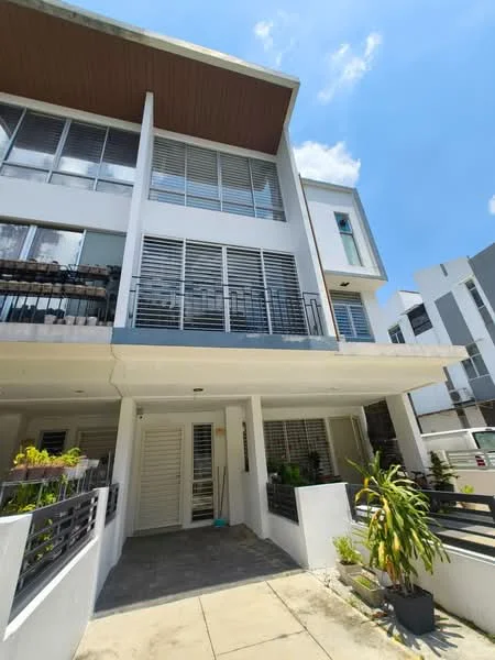 Exterior type: linked terrace house; features: white painted facade, horizontal slatted windows, balconies with railings, flat roof, stone-paved walkway, manicured landscaping, potted plants at entrance, two-storey structure, covered porch area; style: modern.