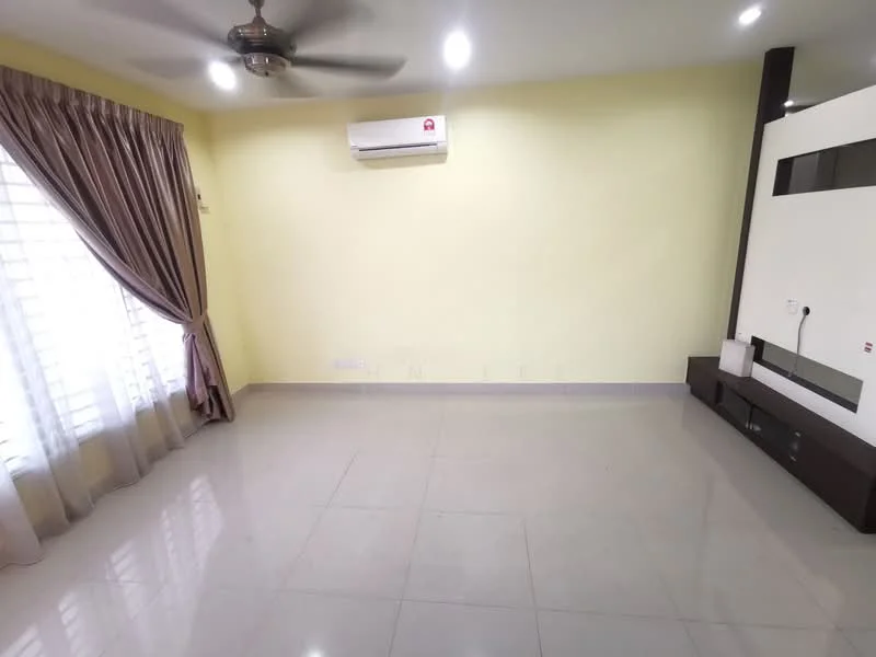 Living features: cream painted walls, white ceiling, 5-blade ceiling fan with light, floor-to-ceiling windows with sheer curtains, light-colored tiled flooring, wall-mounted TV console, air conditioning unit, decorative wall panel; style: modern.