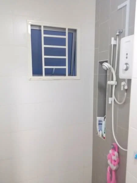 Bathroom features: white tiled walls, grey tiled flooring, shower head, handheld shower, wall-mounted water heater, window with security bars, shower caddy, pink bath accessories; style: modern.