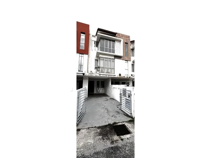 Exterior type: linked terrace house; features: white painted facade, red accent wall, large windows, balcony with railing, concrete driveway, metal gate, two-storey structure, minimalist design; style: modern.