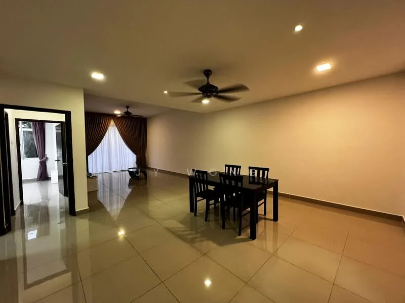 Dining features: dining table with 6 black chairs, polished ceramic tile flooring, white painted walls, recessed downlights, 5-blade ceiling fan, curtains in brown, large window with sheer curtains, open layout; style: modern. Room features: white painted walls, polished ceramic tile flooring, recessed downlights, 5-blade ceiling fan.