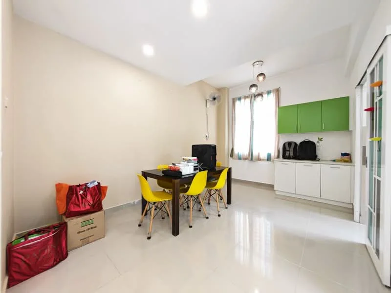 Dining features: dining table with four yellow chairs, white walls, glossy tile flooring, ceiling lights, green cabinetry, window with sheer curtains, air conditioning unit, storage boxes, plastic bags; style: modern.