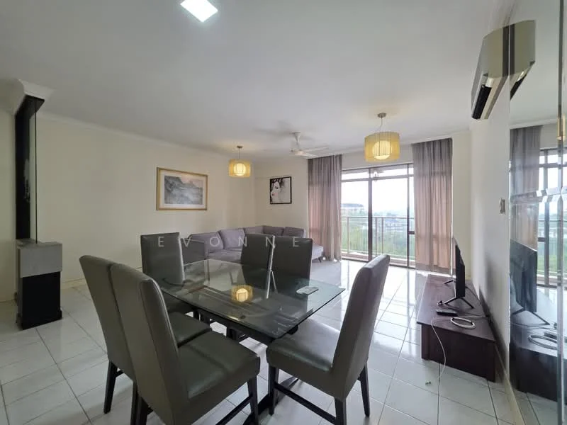Living features: floor-to-ceiling windows, sliding glass door, 5-blade ceiling fan with light, wall-mounted TV, dining table with glass top, 6 upholstered dining chairs, light-colored walls, tile flooring, curtains, sofa, coffee table, decorative wall art; style: modern; view: city.