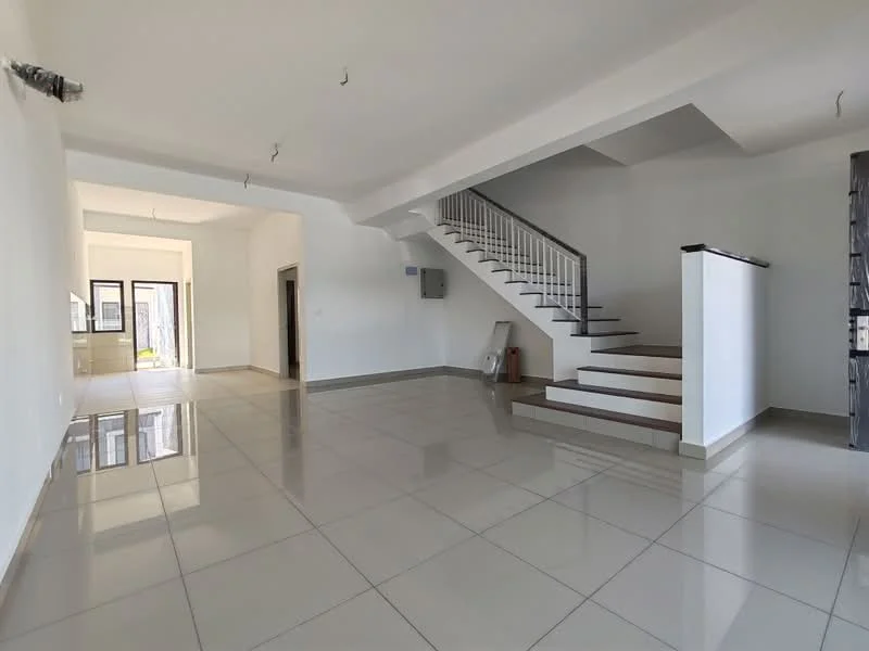 Living features: white painted walls, glossy ceramic tile flooring, staircase with wooden steps, open layout, recessed downlights, air conditioning unit on wall, large windows for natural light, neutral color scheme; style: modern. Room features: white painted walls, glossy ceramic tile flooring, large windows for natural light.