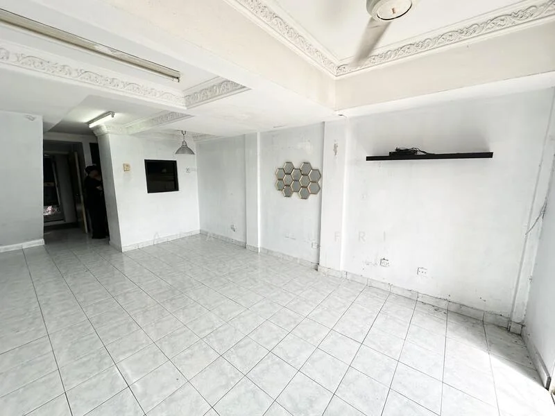 Room features: white painted walls, tile flooring, ceiling with crown moulding, recessed lighting, wall-mounted TV, hexagonal wall decor, open layout, large windows, no visible furniture; style: minimalist.