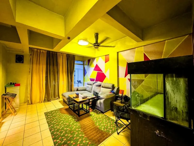 Living features: grey fabric sofa, 5-blade ceiling fan, colorful accent wall with geometric patterns, cream painted walls, tile flooring, curtains, area rug with geometric pattern, fish tank, coffee table, side table; style: modern.