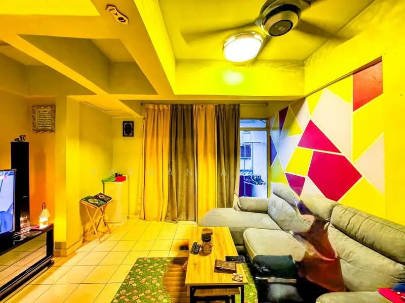 Living features: yellow painted walls, geometric accent wall with red, yellow, and white, grey fabric L-shape sectional sofa, wooden coffee table, flat-screen TV on black console, tile flooring, ceiling fan with light, curtains, decorative green area rug, wall-mounted air conditioning unit; style: modern.