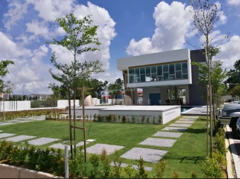 Exterior type: clubhouse; features: modern facade with large glass windows, flat roof, manicured lawn, stone-paved walkway, landscaped garden with young trees, outdoor seating area, swimming pool visible in background, surrounded by greenery; style: modern.