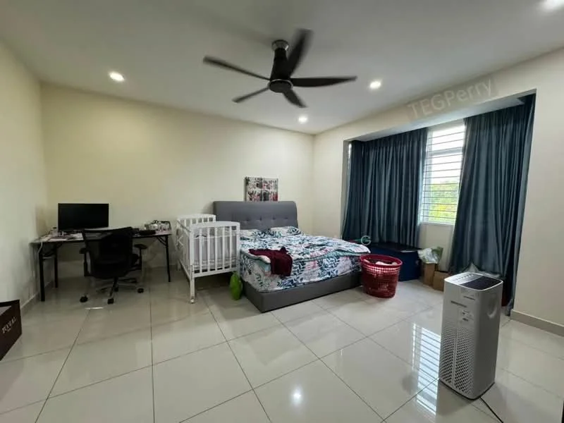 Bedroom features: king-size bed with patterned bedding, upholstered headboard, 2 bedside lamps, study desk with chair, window with sheer curtains, floor-to-ceiling window, ceiling fan, white painted walls, glossy tile flooring, laundry basket, air conditioning unit, crib, storage box; style: modern; view: garden.