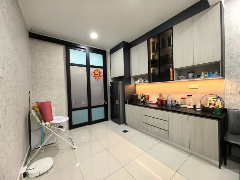 Kitchen features: grey cabinetry, black countertop, built-in refrigerator, stainless-steel sink, chrome pull-down faucet, wall-mounted cabinets, tile backsplash, recessed lighting, white tiled flooring, decorative wall paneling, open shelving, kitchen appliances on countertop, window with frosted glass, laundry drying rack; style: modern.