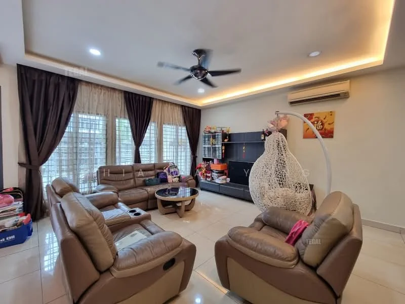 Living features: leather reclining sofa in beige, 2-seater leather sofa, coffee table, wall-mounted TV, entertainment unit, ceiling fan, recessed LED downlights, curtains in dark brown, tile flooring, decorative wall art, hanging chair, built-in shelving unit; style: modern.