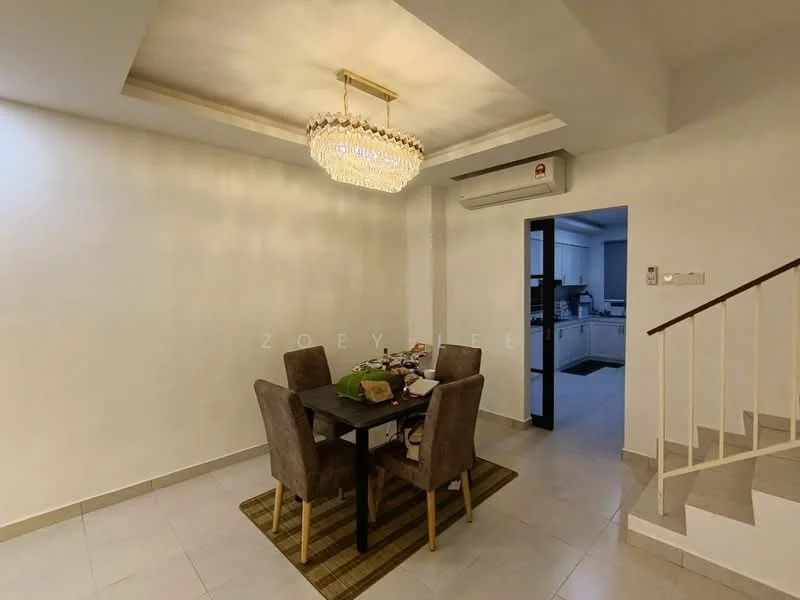 Dining features: square dining table, 4 upholstered dining chairs, chandelier light fixture, white painted walls, tile flooring, recessed ceiling with crown moulding, area rug, wall-mounted split AC; style: modern. Room features: staircase, doorway leading to kitchen, open layout.