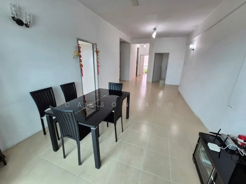 Dining features: black dining table, 4 black dining chairs, white walls, tile flooring, recessed ceiling lights, wall-mounted sconce, open layout, mirror on wall; style: modern. Room features: light-colored walls, tile flooring, doorway leading to hallway, natural light from windows.