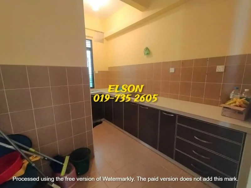 Kitchen features: L-shaped countertop, cream laminate countertop, brown wooden cabinetry, tile backsplash, light brown ceramic tile flooring, single-bowl stainless-steel sink, chrome faucet, window for natural light, broom and cleaning supplies, fruit bowl on countertop; style: modern.