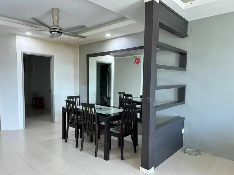 Dining features: 6-seater dining table with glass top, black wooden dining chairs, light-colored tiled flooring, recessed ceiling lights, 5-blade ceiling fan, decorative wall shelf, grey accent wall, white painted walls; style: modern. Room features: light-colored tiled flooring, white painted walls, doorway leading to another room.