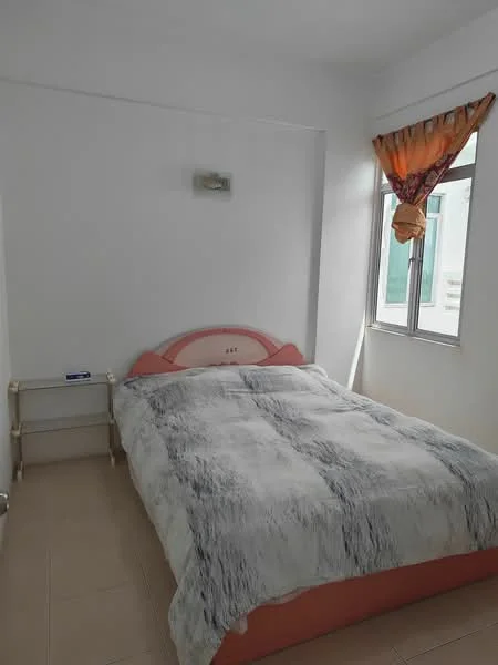 Bedroom features: queen-size bed with patterned bedding, light-colored walls, window with sheer curtains, tile flooring, wooden bed frame, decorative wall art, bedside table, natural light from window; style: minimalist.