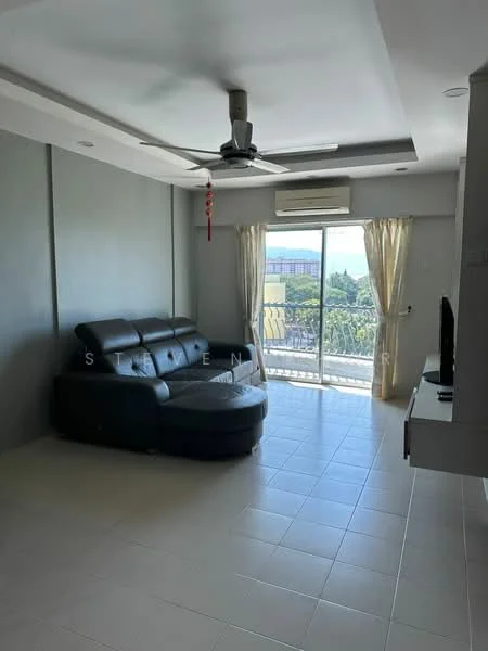 Living features: black leather sectional sofa, 5-blade ceiling fan with light, floor-to-ceiling sliding glass door, curtains, white painted walls, recessed ceiling lights, tile flooring, wall-mounted TV console; style: modern; view: city.