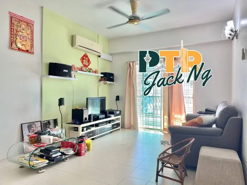 Living features: light green accent wall, white painted walls, ceramic tile flooring, 5-blade ceiling fan, sofa in grey, coffee table, TV console, wall-mounted TV, decorative wall art, curtains, open shelving, decorative items on shelves; style: modern.